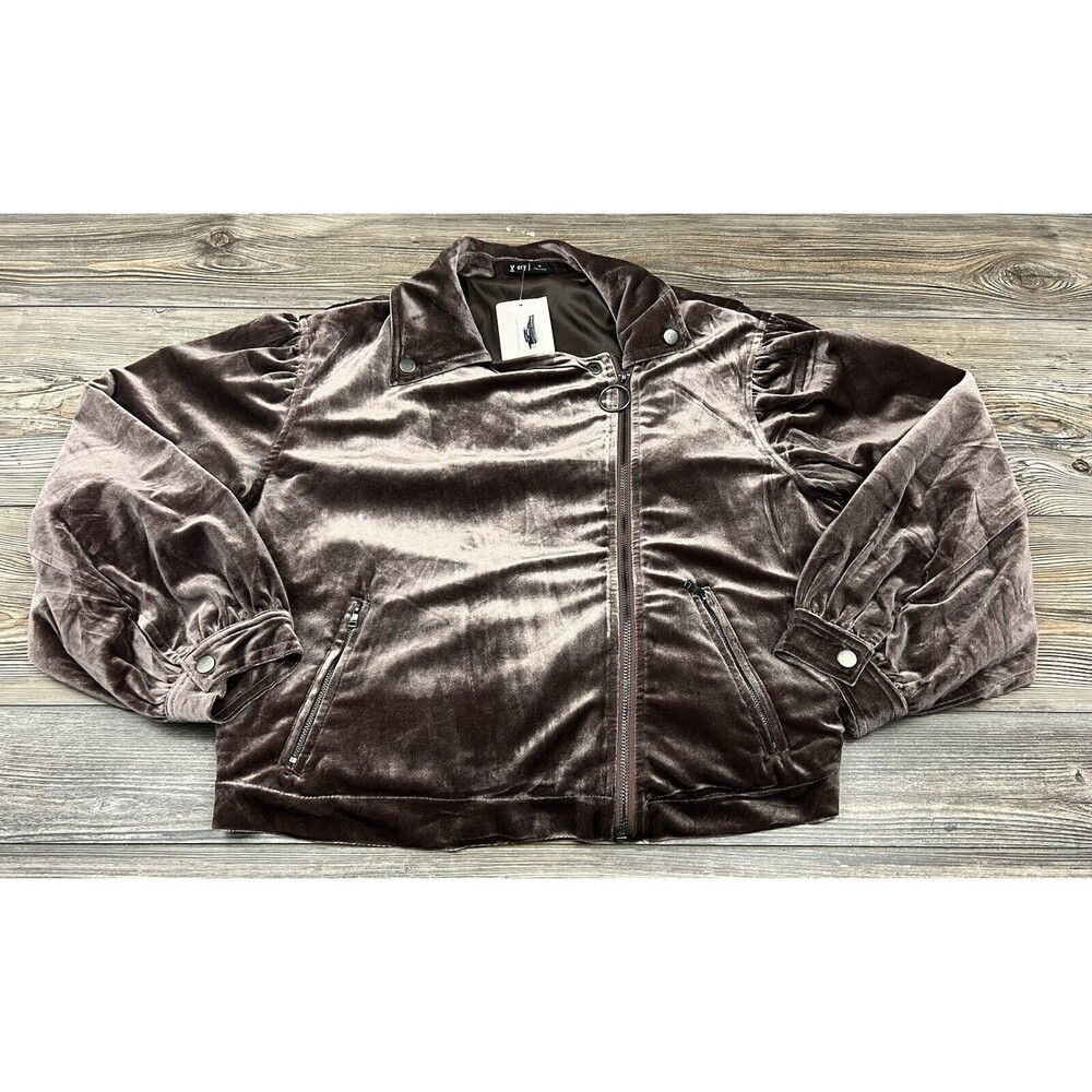 Very J‎  Mocha Brown Velour Moto Jacket Size MED Long Sleeve Zip Up NWT